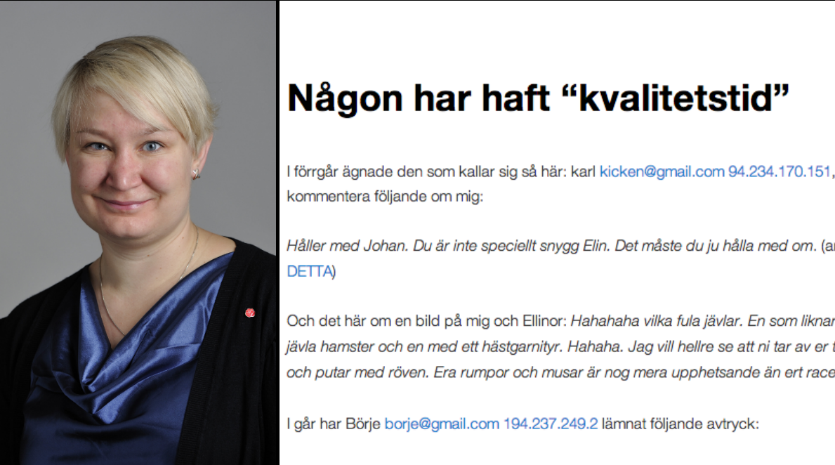 Elin Lundgren (S) och ett av blogginläggen om hatkommentarerna.